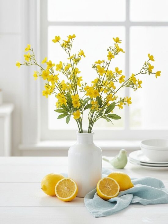 Buttercup Yellow Dogwood Stems Faux Wax Flower Yellow Floral Spring Decor 24 Inc - Picture 3 of 13